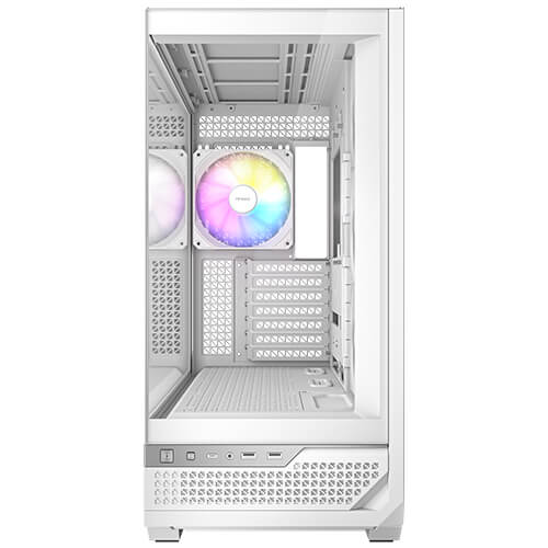 Gabinete Antec C7 ARGB blanco, Diseño con vista panorámica de 270°, enfriamiento vertical, 3 ventiladores inversores ARGB PWM de 120mm y 1 ventilador ARGB PWM de 140mm preinstalados