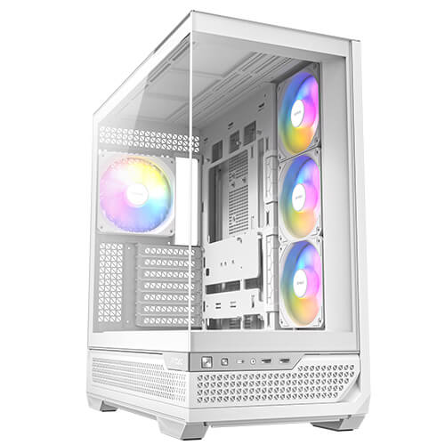 Gabinete Antec C7 ARGB blanco, Diseño con vista panorámica de 270°, enfriamiento vertical, 3 ventiladores inversores ARGB PWM de 120mm y 1 ventilador ARGB PWM de 140mm preinstalados