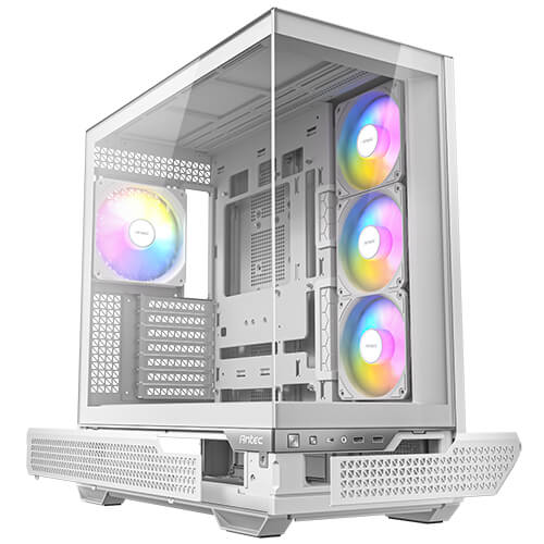 Gabinete Antec C7 ARGB blanco, Diseño con vista panorámica de 270°, enfriamiento vertical, 3 ventiladores inversores ARGB PWM de 120mm y 1 ventilador ARGB PWM de 140mm preinstalados