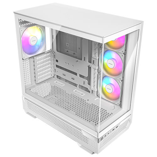 Gabinete Antec C7 ARGB blanco, Diseño con vista panorámica de 270°, enfriamiento vertical, 3 ventiladores inversores ARGB PWM de 120mm y 1 ventilador ARGB PWM de 140mm preinstalados