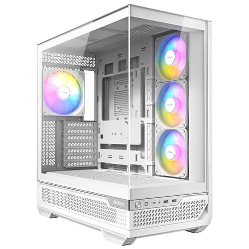 Gabinete Antec C7 ARGB blanco, Diseño con vista panorámica de 270°, enfriamiento vertical, 3 ventiladores inversores ARGB PWM de 120mm y 1 ventilador ARGB PWM de 140mm preinstalados